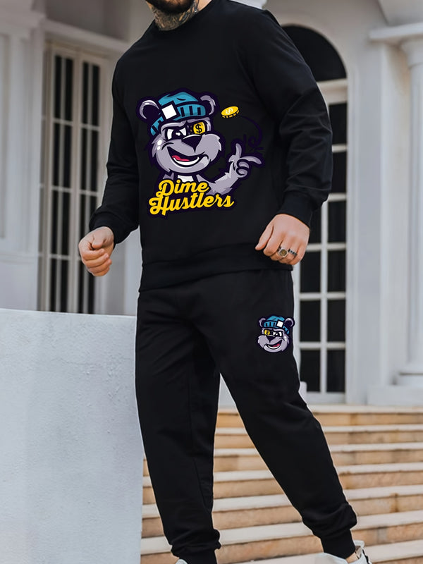 Men's Cartoon Graphic Pullover Sweatshirt & Sweatpants For Big And Tall Guys, Plus Size