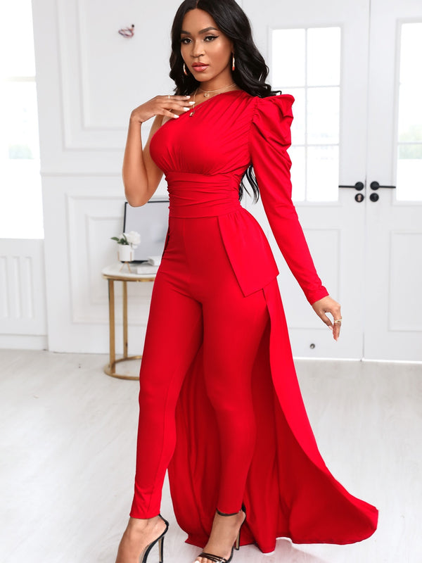 Women's Jumpsuit Red One Shoulder Puff Sleeve Skinny Maxi Jumpsuit