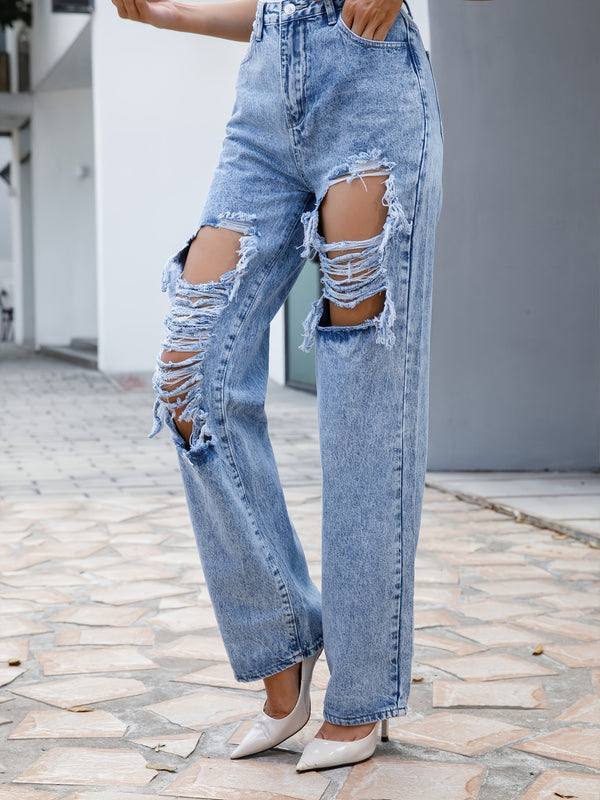 Ripped Straight Leg Loose Fit Jeans, High Rise Wide Legs Distressed Denim Pants, Women's Denim Jeans & Clothing