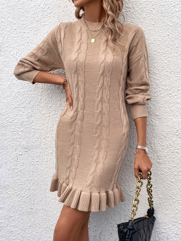 Elegant Cable Ruffle Sweater Dress, Casual Fashion Long Sleeve Solid Waist Fall Winter Bodycon Knit Dress, Women's Clothing