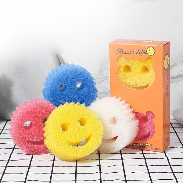 2pcs Smile Face Magic Sponge Tableware Car Cup Cleaning Strong Decontamination Scouring Pad Loofah Type Kitchen Sponge Deft And Attractive