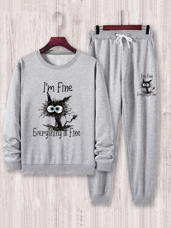 Men's Plus Size Cartoon Cat Graphic Print Crew Neck Pullover Long Sleeve Sweatshirt & Drawstring Sweatpants, Casual Clothing Set For Big And Tall Guys