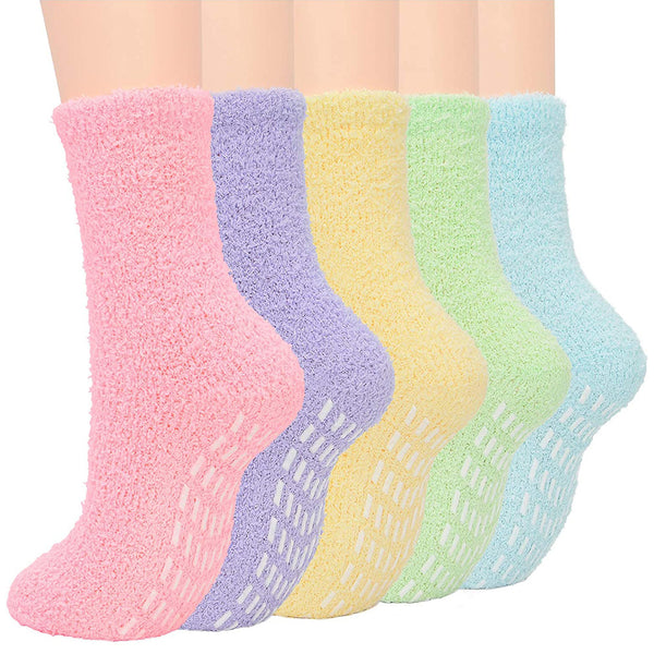 Warm & Fuzzy Non-Slip Socks, Colorful Pastel Grippy Crew Length Coral Fleece Socks, Women's Stockings & Hosiery