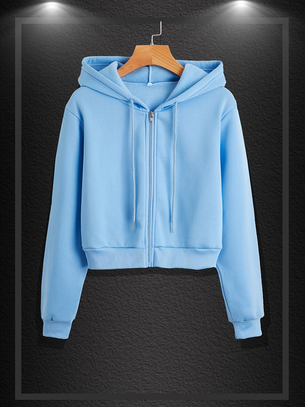 Solid Color Drawstring Crop Hoodie, Casual Zip Up Long Sleeve Hooded Sweatshirt