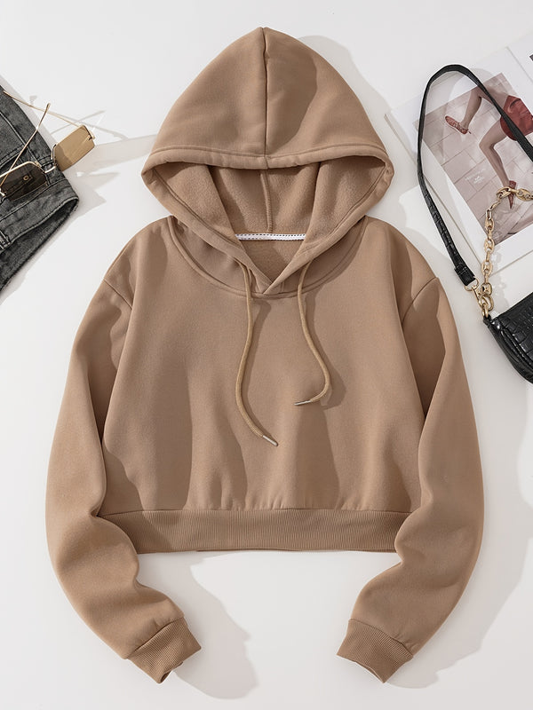 Solid Drawstring Cropped Hoodie, Casual Fleece Lining Long Sleeve Hooded Sweatshirt, Women's Clothing