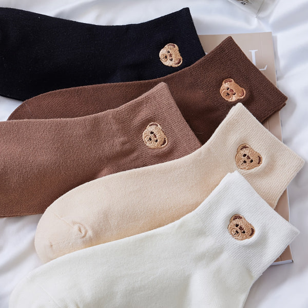 [5 Pairs] Soft Teddy Bear Socks, Embroidered Crew Length Sock Pack, Women's Stockings & Hosiery