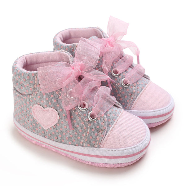 Baby Pink Bow Heart Polka Dot Print Soft Soled Sneakers