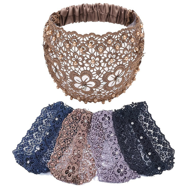 Lace Headbands For Women,Wide Floral Pearl Lace Elastic Headbands Hair Accessories For Women Fashion