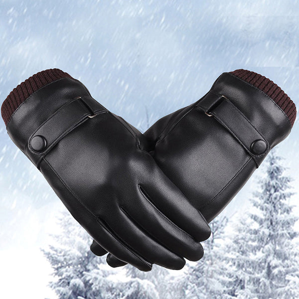 Men's Outdoor Cold PU Leather Thickened Warm Gloves