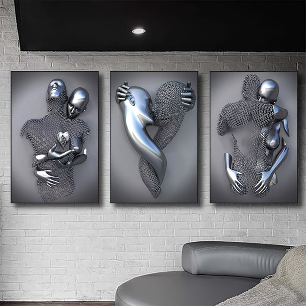 3pcs Frameless Metal Figure Statue Art Canvas Painting, Romantic Abstract Posters And Prints Wall Pictures, Modern Living Room Christmas Gifts, No Frame