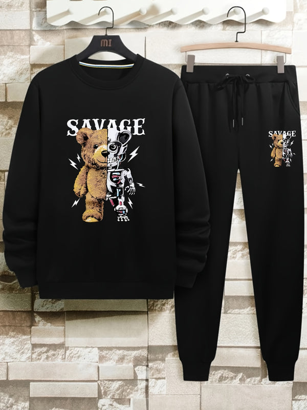 Men's Bear Print Sweatshirt & Sweatpants For Big And Tall Guys, Plus Size