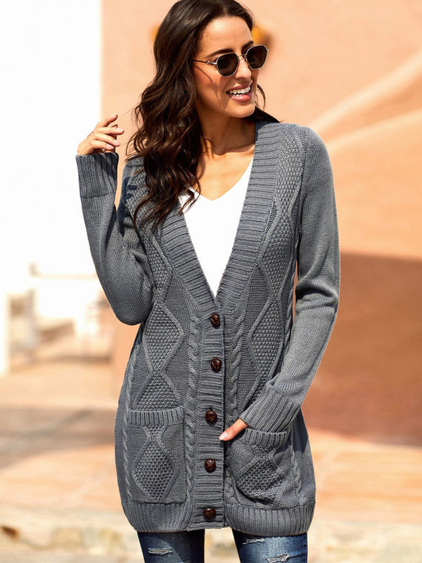 Women's  Sweater Cardigan  Knit Sweater Ladies Cardigan Button Pocket Cable Cardigan