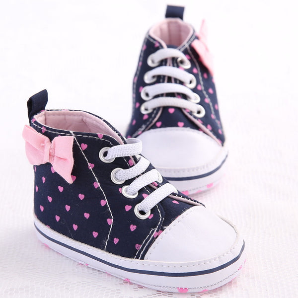 Baby Girl Heart Print Bow Shoes, High Top Canvas Shoes