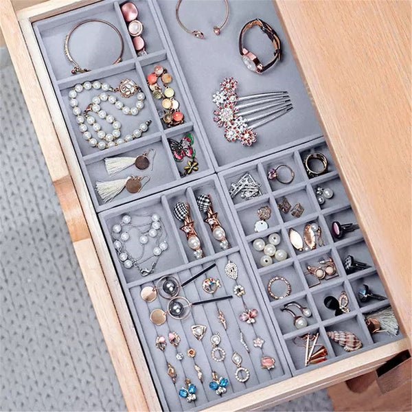 1pc Drawer Storage Multi-compartment Grey Flocked Cloth Jewelry Tray