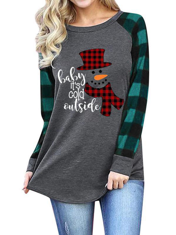 Women's T-shirt Christmas Snowman Print Round Neck Long-sleeved Christmas T-shirt