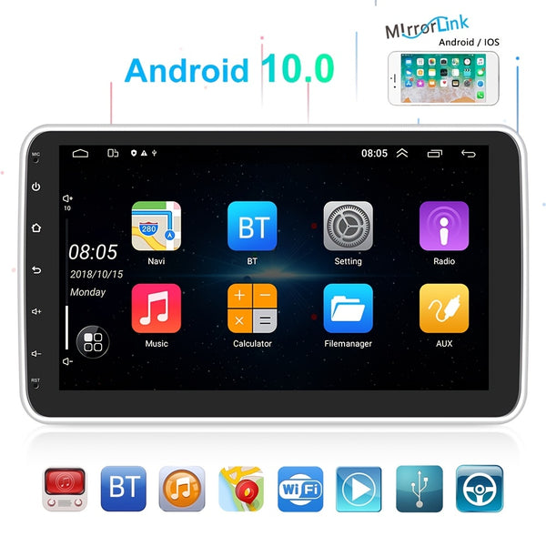 Single 1DIN 10.1'' Android 10.0 Rotatable Car Stereo Radio, WIFI GPS 1080P HD FM Player