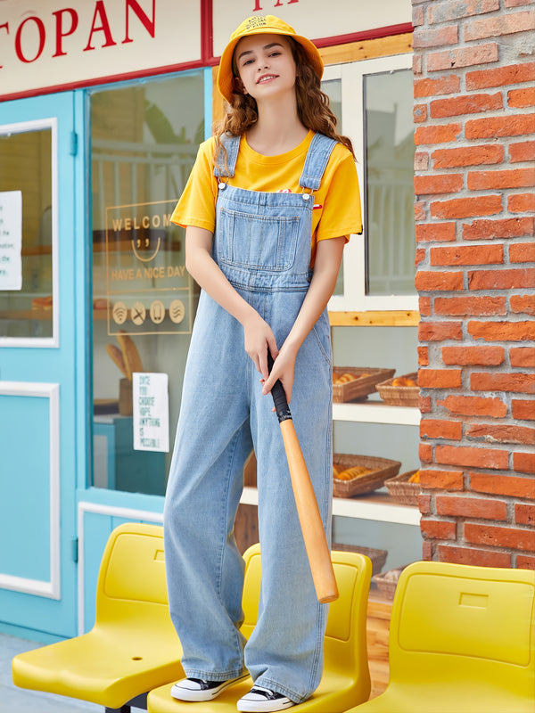 Women's Kangaroo Pocket Wide Leg Denim Overalls, Casual Loose Strap Denim Jumpsuit