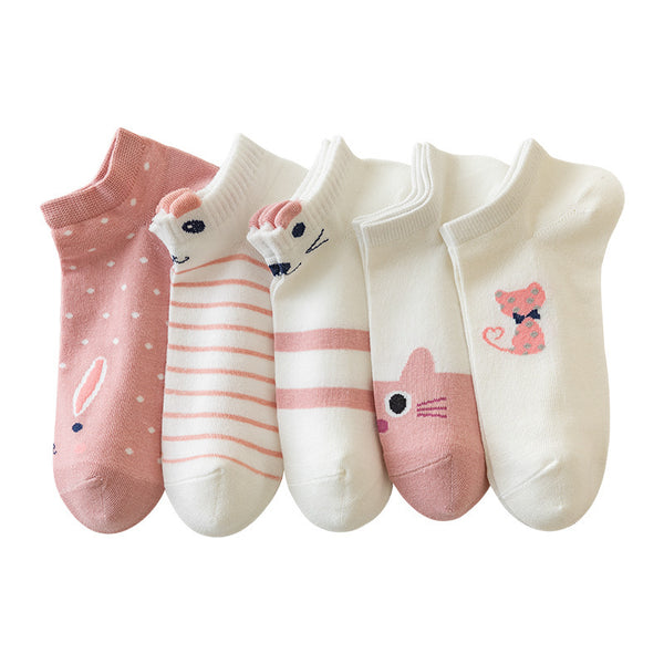 5pairs Women's Kitty Crew Socks - Pink