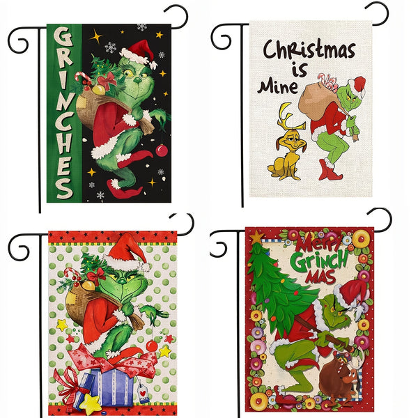 1pc Christmas Garden Flag, Grinch Print Xmas Hanging Banner For Farmhouse & Yard, Double Sided Garden Flag, Outdoor Decor