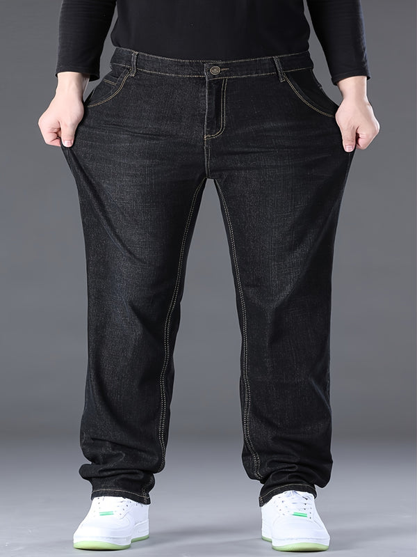 Plus Size Men's Stretch Jeans, Loose Straight Jeans For All Season For Big And Tall Guys