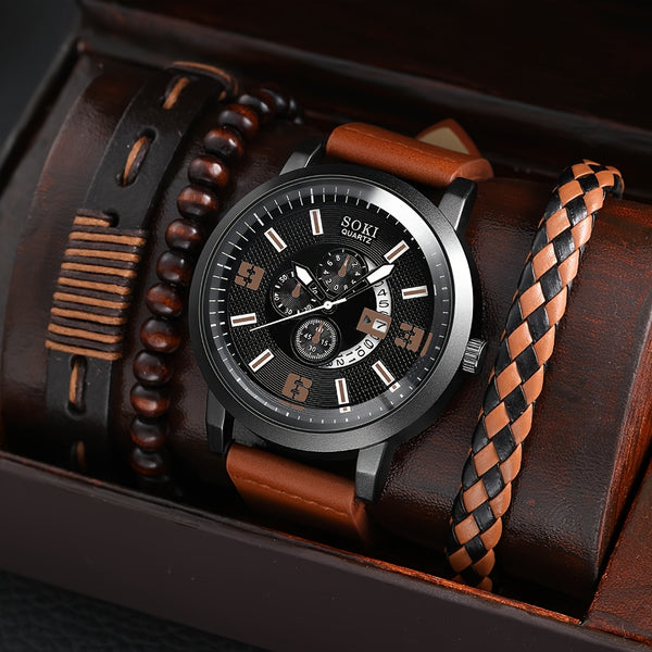 4pcs/Set Casual Leather Strap Number Date Quartz Wristwatch Fashion Men Watches For Man Simple Sport Style Male Clock