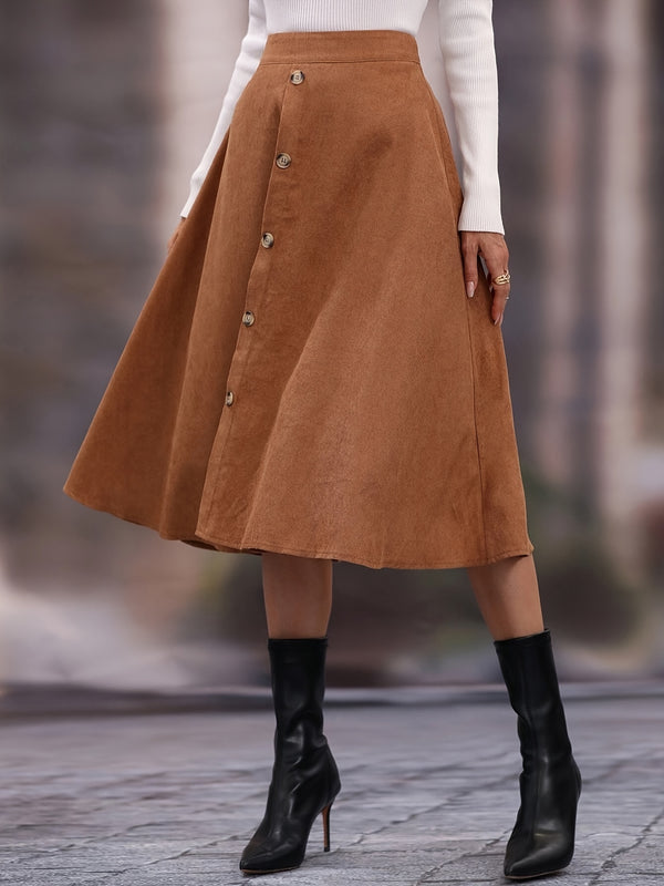 Casual Faux Suede Long Skirts, High Waist Button Fashion Skirts, Women's Clothing