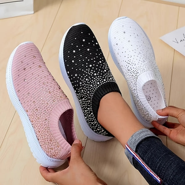 Women's Faux Rhinestone Decor Flat Sneakers, Breathable Slip On Socks Shoes, Women's Footwear