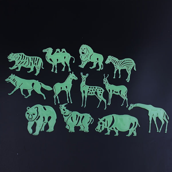 12pcs Animal Model Luminous Stickers, 3D Fluorescent Wall Stickers For Early Education, Plastic Beast Luminous Stickers For Room Background