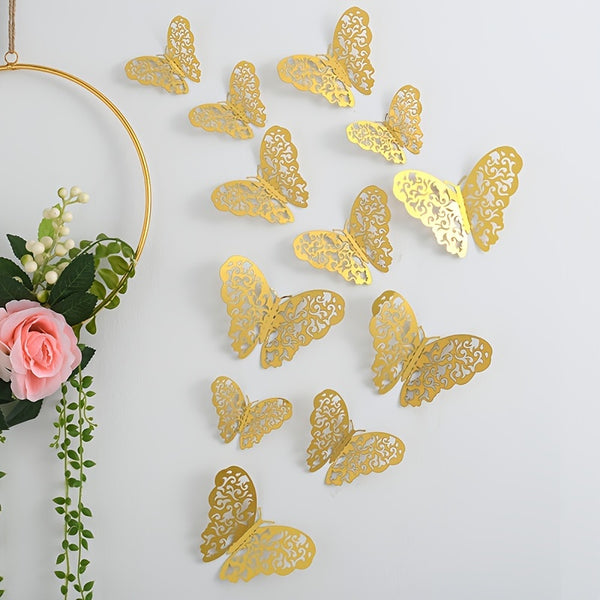 12pcs/set Hollow Butterfly Wall Decals, 3D Butterfly Decals, Home Decor, Christmas Party Wedding Decorations, Cake Accessories