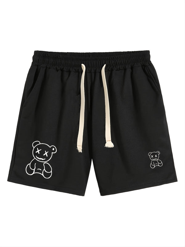 New Men's Street Style Simple Trendy Casual Solid Black Bear Print Sports Drawstrings Shorts