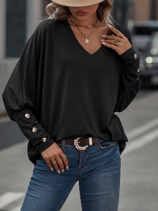 Loose-Fit V-Neck Top, Oversized Batwing Long Sleeve Shirt, Casual Tops For Fall & Winter, Women's Clothing