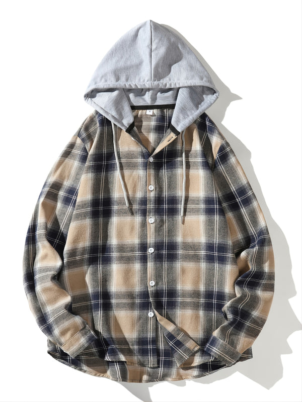 Men's Fashion Casual Check Brushed Drawstring Long Sleeve Hoodie