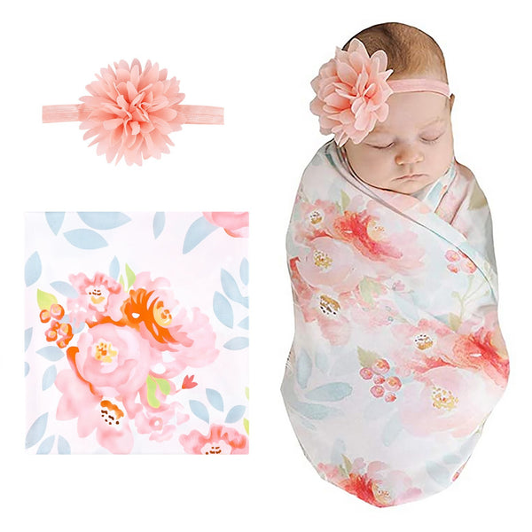 Baby Receiving Blanket Headband Set Flower Print Baby Swaddle Receiving Blankets