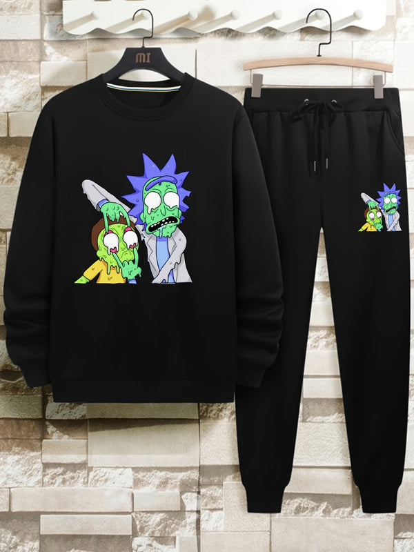 Men's Cartoon Anime Printed Round Neck Casual Outfits Sets, 2 Piece Long Sleeve Pullover Sweatshirt And Drawstring Sweatpants