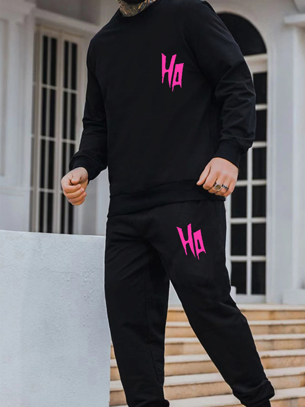 Men's "HA" Print Sweatshirt & Sweatpants For Big And Tall Guys, Plus Size