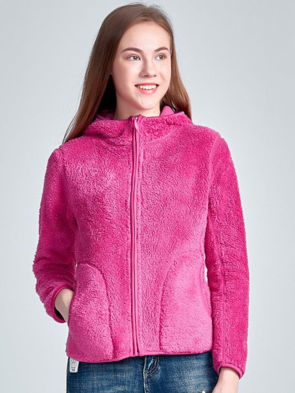 Women's Reversible Fleece Thermal Jacket, Solid Color Fleece Hooded Sweatshirt