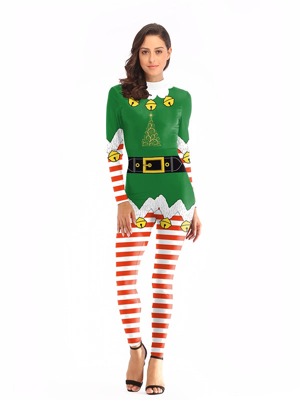 Christmas Stage Costume Jumpsuit, Casual 3D Print Tight Fashion Long Sleeve Waist One Piece Jumpsuit, Women's Clothing