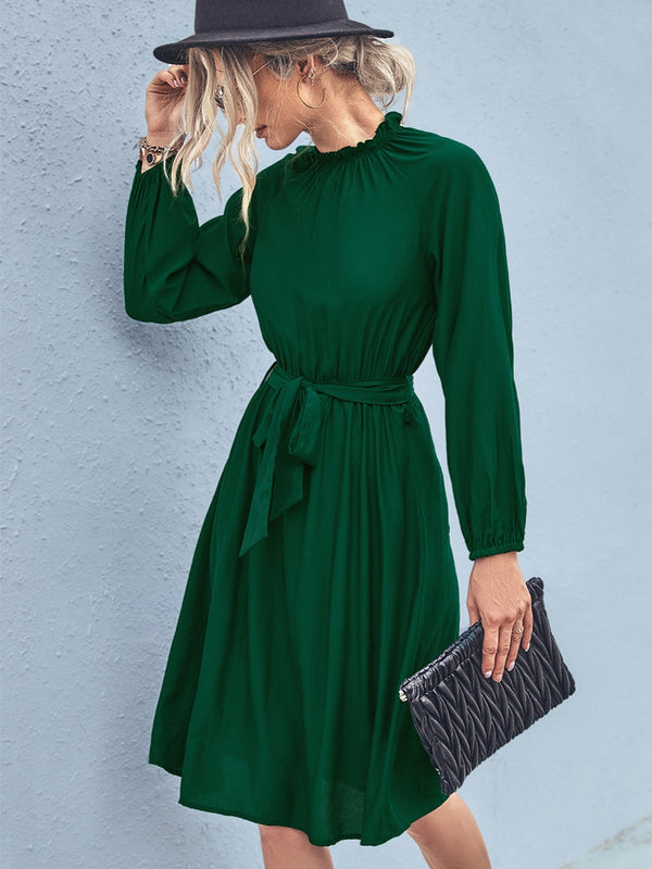 Women's Dresses Elegant Dress Pleated Frill Neck Flounce Long Sleeve Belted Dresses