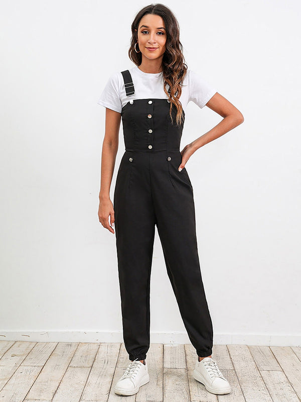 Fitted Black & White Overall Jumpsuit, Chunky Strap Front Button Overalls Style Jumpsuit & T-Shirt, Casual Suit For Spring & Summer, Women's Clothing