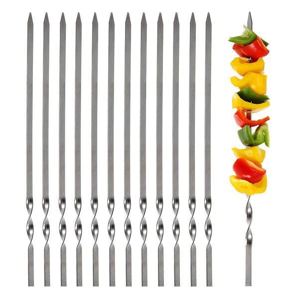 12pcs Metal Skewers For Grilling, 14" In Length, Kabob Skewers, Flat BBQ Barbecue Skewers, Stainless Steel Shish Kebob Sticks, Grilling Skewers Set, Reusable BBQ Sticks