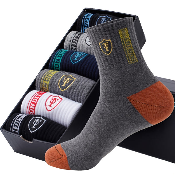 6pairs Men's Cotton Sweat Absorbing Embroidered Crest Athletic Socks, Ankle Socks