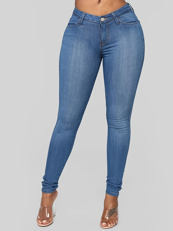 High Waist Stretchy Skinny Jeans, High-Rise Slim Fit Staked Jeans, Versatile Pants For Every Day, Women's Denim & Clothing