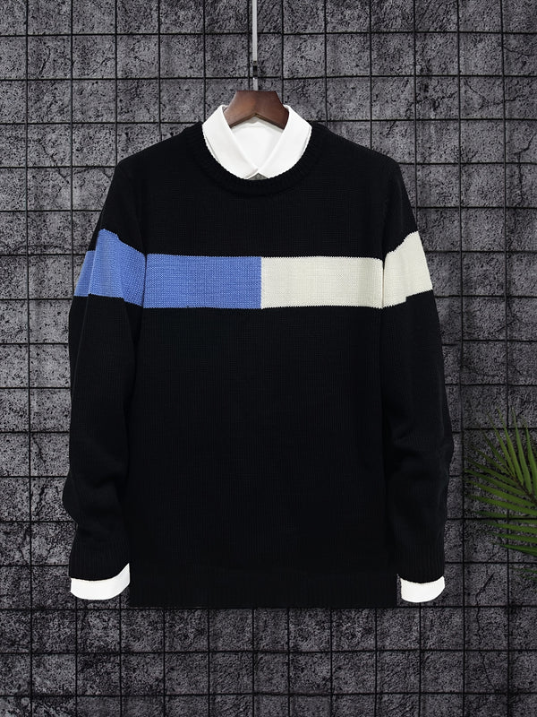 Men's Patchwork Casual Pullover Knitted Soft Pullover Knitted Sweater (Shirt Not Included)