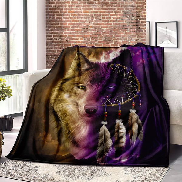 1pc Wolf Blanket, Dreamcatcher Pattern Fleece Throw Blanket, Soft Bedding