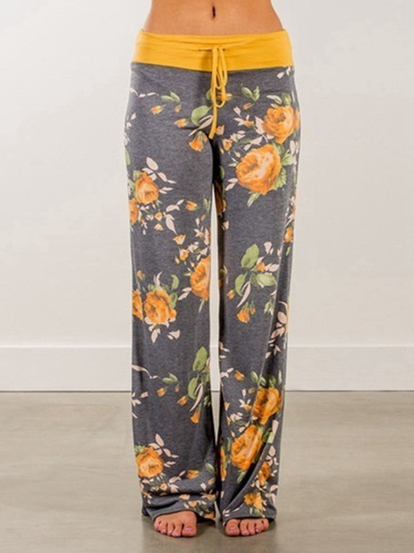 Women's Pants Stretch Printing Long Wide Leg Casual Fashion Drawstring Loose Pants