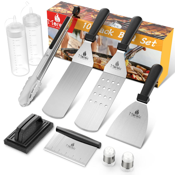 10pcs/set Grill Accessories Set, Stainless Steel BBQ Tools, Tong, Spatula, Scraper, Chopper, Bottles, Cleaning Set, Kitchen Cooking Supplies