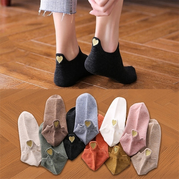 10pairs Women's Gold Embroidered Heart Ankle Socks