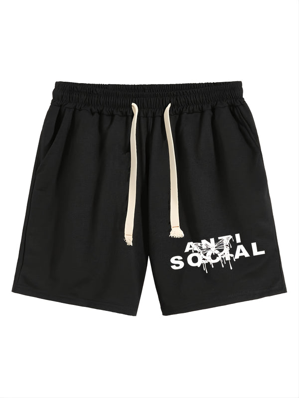 New Men's Street Style Simple Trendy Casual Solid Black 'ANTI SOCIAL' Print Sports Drawstrings Shorts