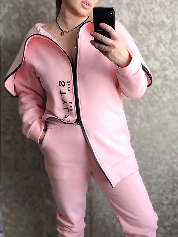 Casual Tracksuit Streetwear Zipper Hoodies & Sweatpants Set For Fall & Winter,  Women's Clothing