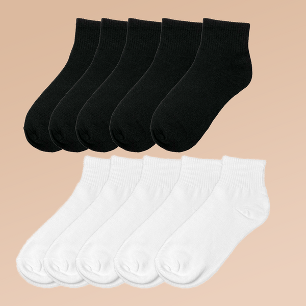 [10 Pairs] Classic Ankle Socks, Sporty Black & White Quarter Length Sock Pack, Women's Stockings & Hosiery